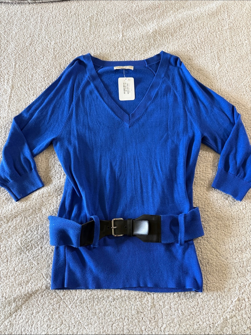 Michael Kors Cobalt Blue V-Neck Sweater with Black Belt Medium New
